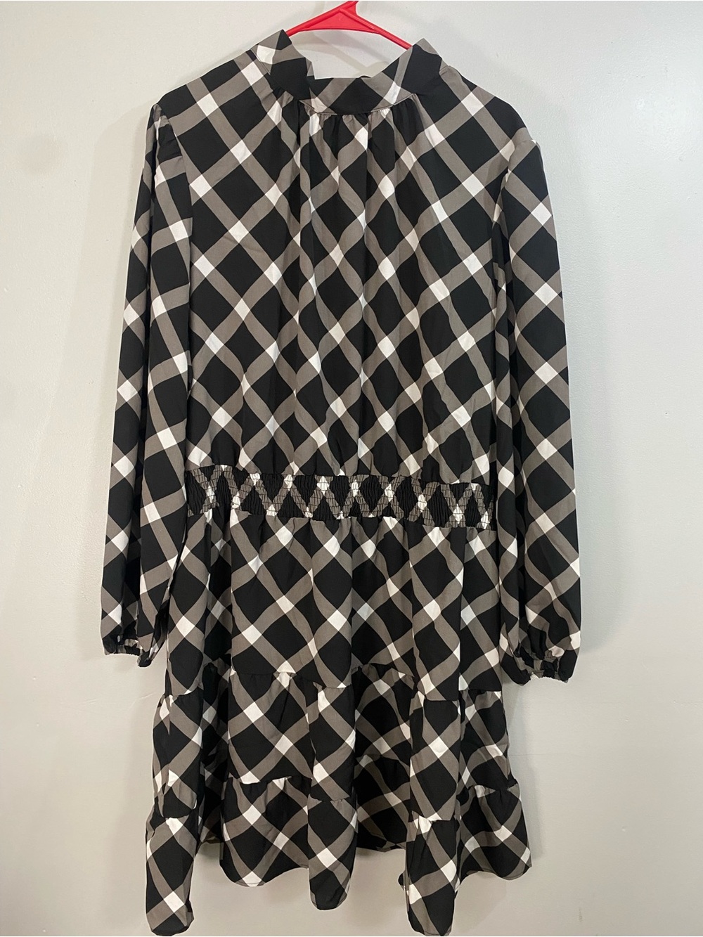 Black & White Plaid Long Sleeve Shirred Waist Dress